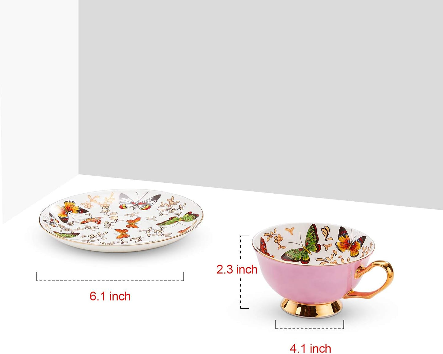 LURRIER Coffee Cup Mug with Saucer for Latte, Cappuccino Tea with Butterflies 6.8 Oz Fine Bone China, Dishwasher Safe, Reactive Glaze, 1 Pcs (Pink)