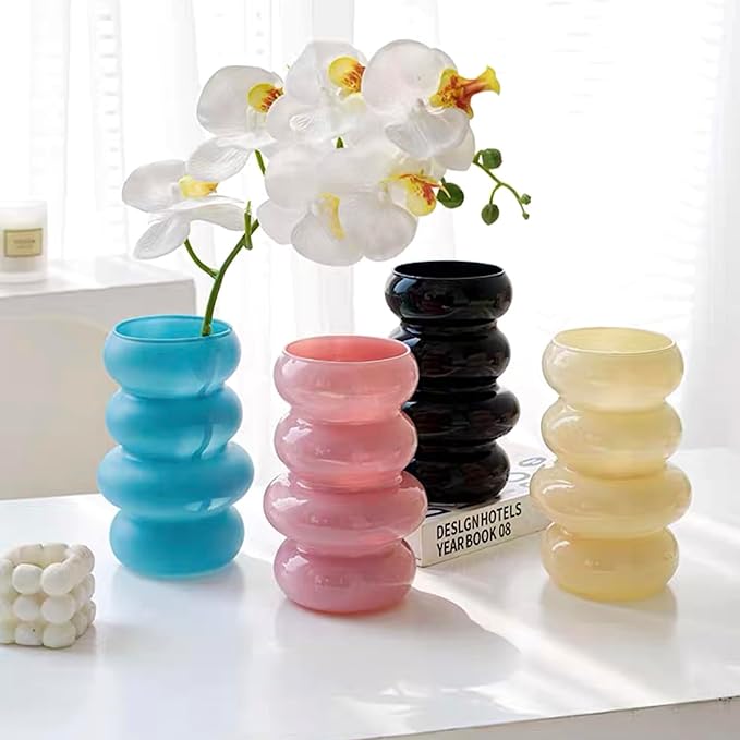 BLOFLO Colored Glass Hydroponic Flower Vase, 7-Inch Pink Glass Vase, Four-Layer Geometric Glass Floral Vase for Home Décor, Modern Bubble Glass Vase for Home Office Wedding Table (Pink)