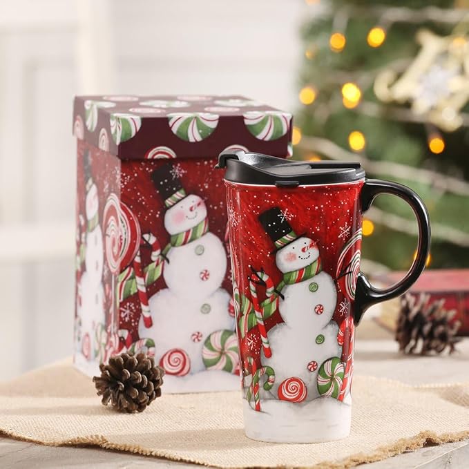 Topadorn Coffee Ceramic Mug Porcelain Latte Tea Cup With Lid in Gift Box 17oz., Santa Snowman
