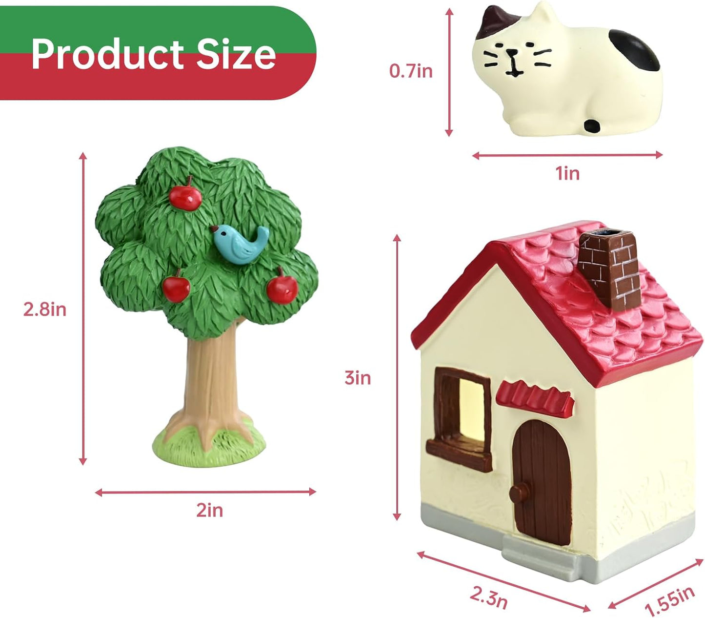 Mini Cat Cottage Decor Set - Resin House with Apple Tree and Kitten Figurine, Cute Desk Ornaments for Home Office Shelf Decor, Unique Gift for Cat Lovers