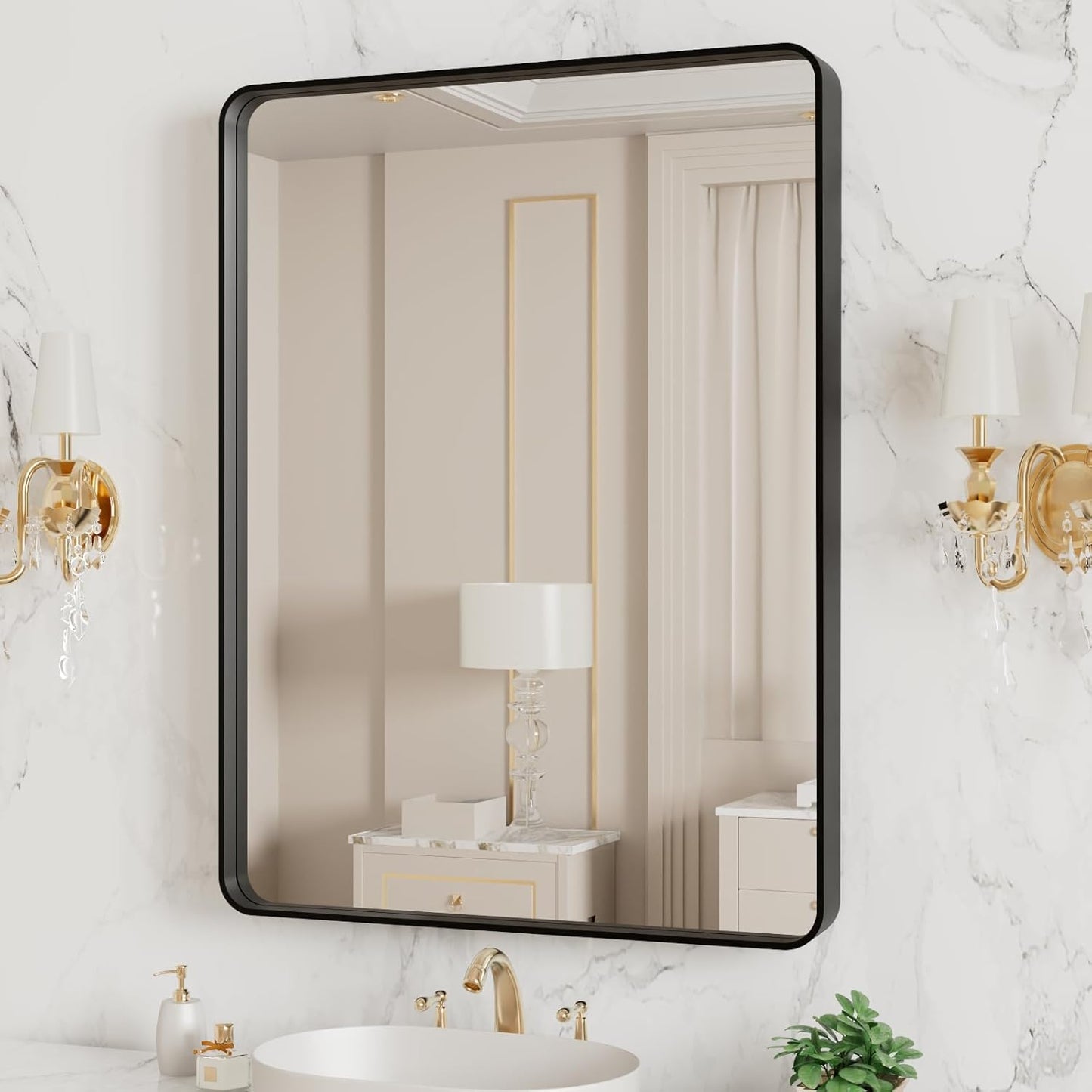 LOAAO 20X16 Inch Black Metal Framed Bathroom Mirror for Wall, Matte Black Bathroom Vanity Mirror Farmhouse, Large Rounded Rectangle Mirror, Anti-Rust, Hangs Horizontally or Vertically