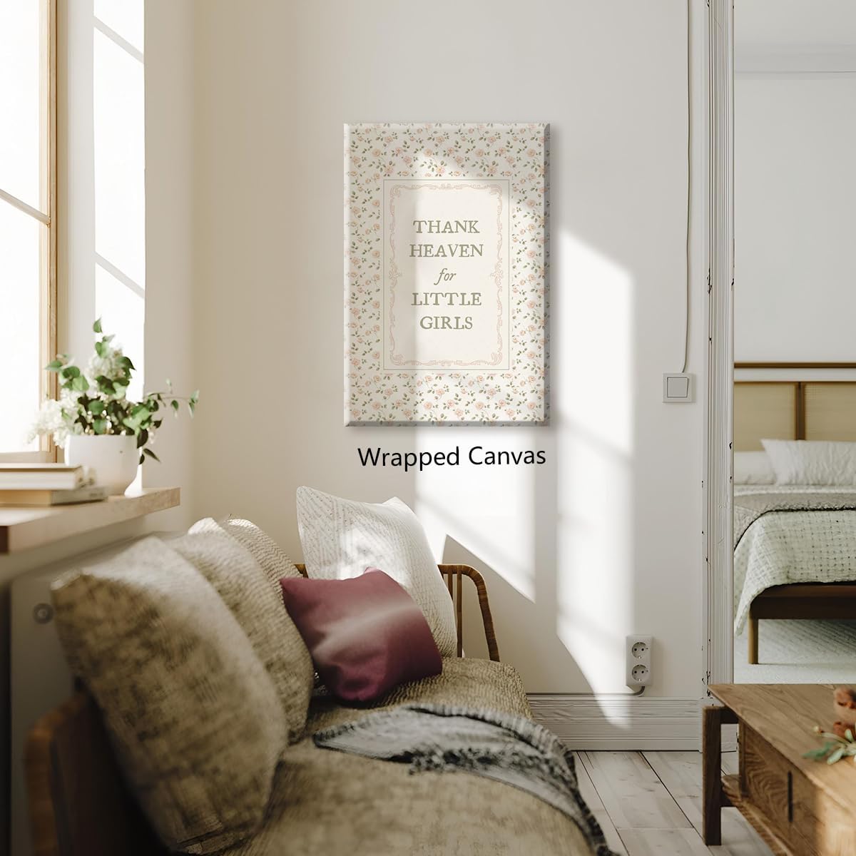 Girl Nursery Canvas Wall Art, Thank Heaven for Little Girls Quotes Poster, Farmhouse Floral Pattern Pastel Pink Wall Print, Flowers Green Botanical Picture for Kids Bedroom 12x16in Unframed