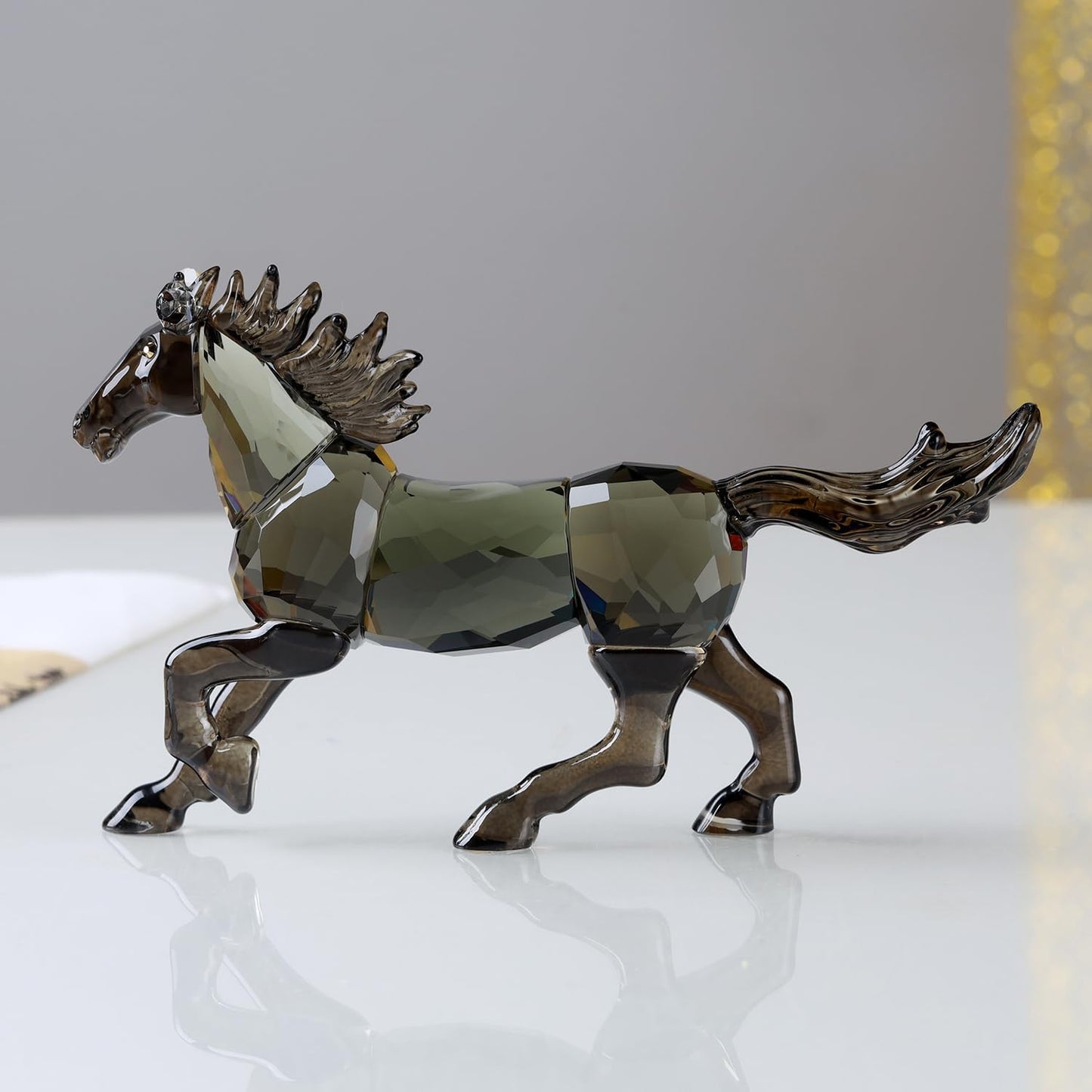 Crystal Horse Realistic Animal Art Figurine Collection Table top Ornament Statue Home Decor (Black)