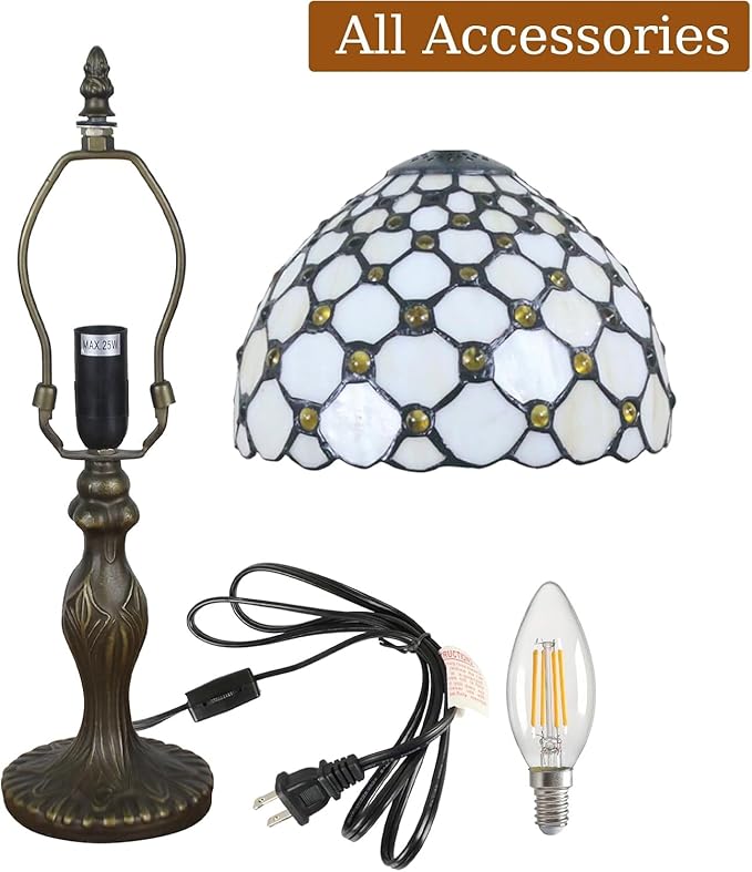 Tiffany Style Table Lamp 8'', White Tiffany Table Lamp for Bedroom Study Office Home Stained Glass Lamp