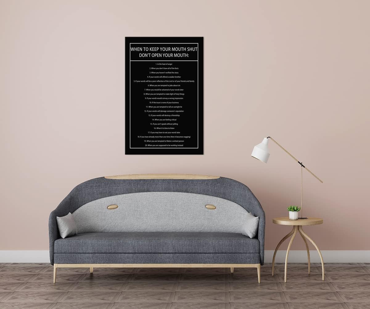 Inspirational Canvas Wall Art When to Keep Your Mouth Shut Don't Open Your Mouth Life Motivational Poster Life Learning Quote Picture Home Office Decor Painting Framed and Stretched[24''W x 36''H]