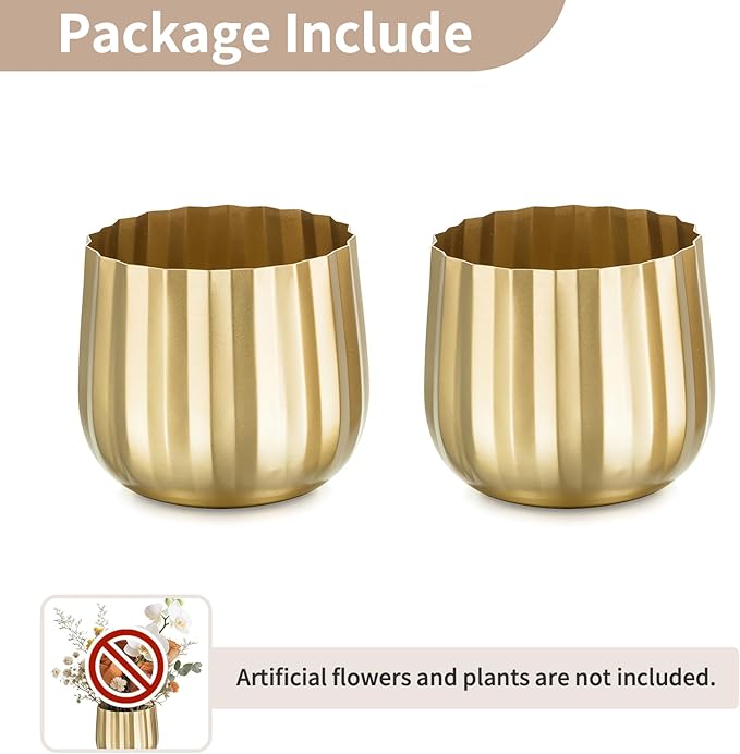 Gold Vases Compote Centerpiece Planter: 4" Ribbed Metal Vase Small Compote Bowl Planter Pot with Drainage Hole for Wedding Table Centerpiece Indoor Plants Set of 2
