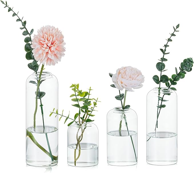 Glasseam Glass Bud Vase for Centerpieces, 4pcs Small Flower Vase Set for Single Rose Bouquet, Modern Minimalis Clear Table Centerpieces for Home Decor Living Room Bathroom Kitchen Wedding Party