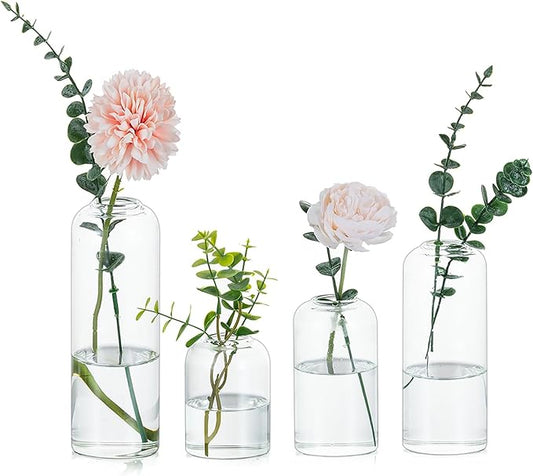 Glasseam Glass Bud Vase for Centerpieces, 4pcs Small Flower Vase Set for Single Rose Bouquet, Modern Minimalis Clear Table Centerpieces for Home Decor Living Room Bathroom Kitchen Wedding Party