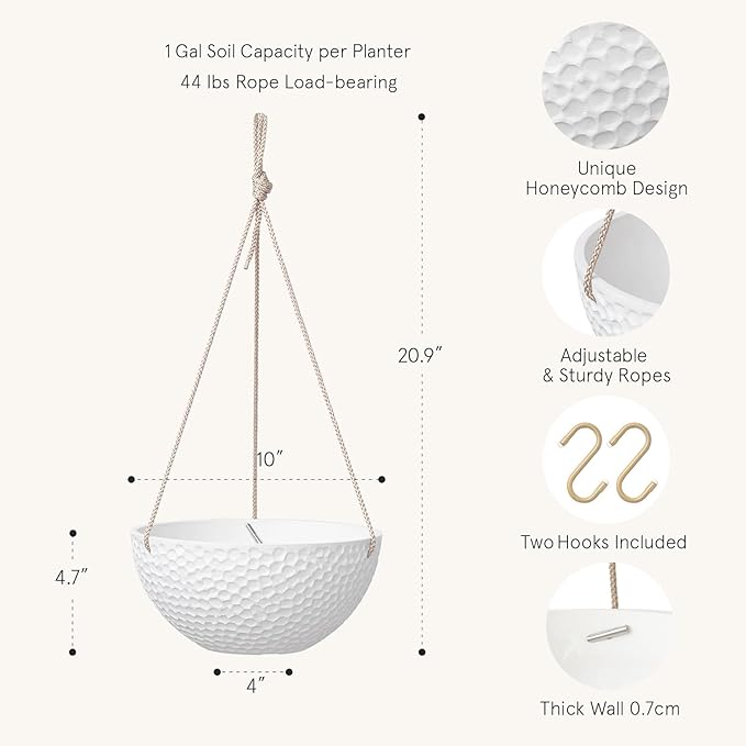 LA JOLIE MUSE 10 Inch Hanging Planters for Indoor Plants, Outdoor Garden Planter Pots, White, Honeycomb, Set of 2