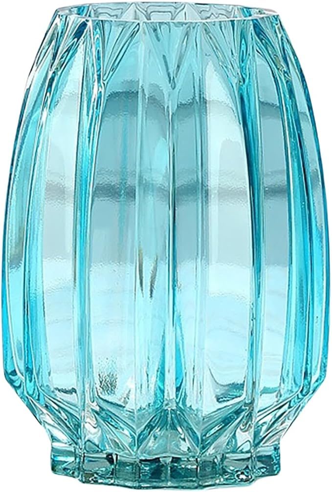 Modern Ribbed Blue Glass Vase for Flowers, Candles, and Decorative Accents - Tall/Short for Centerpieces and Table Decor (H8.0inch)