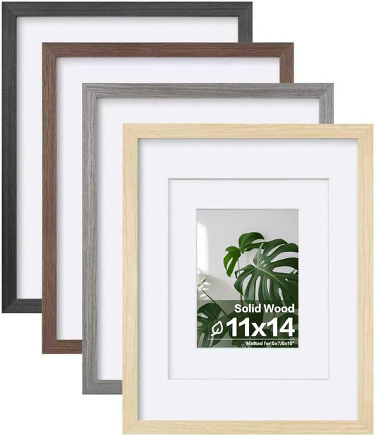 Egofine 11x14 Picture Frame Set of 4, Made of Solid Wood Multicolor Photo Frames Covered by Plexiglass 5x7 and 8x10 with Mat or 11x14 without Mat, for Table Top Display and Wall Mounting Mixed Colors
