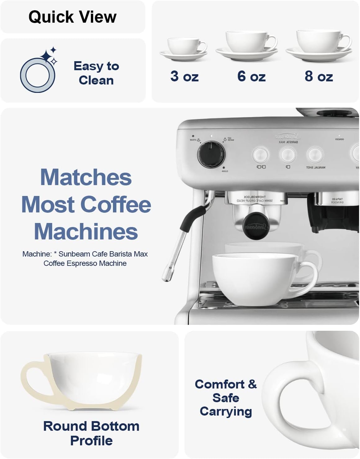 LE TAUCI 8 oz Cappuccino Cups with Saucers, Heavyweight Ceramic Large Coffee Cup for Au Lait, Double shot, Latte, Cafe Mocha, Tea - Dishwasher Safe, Set of 4, White