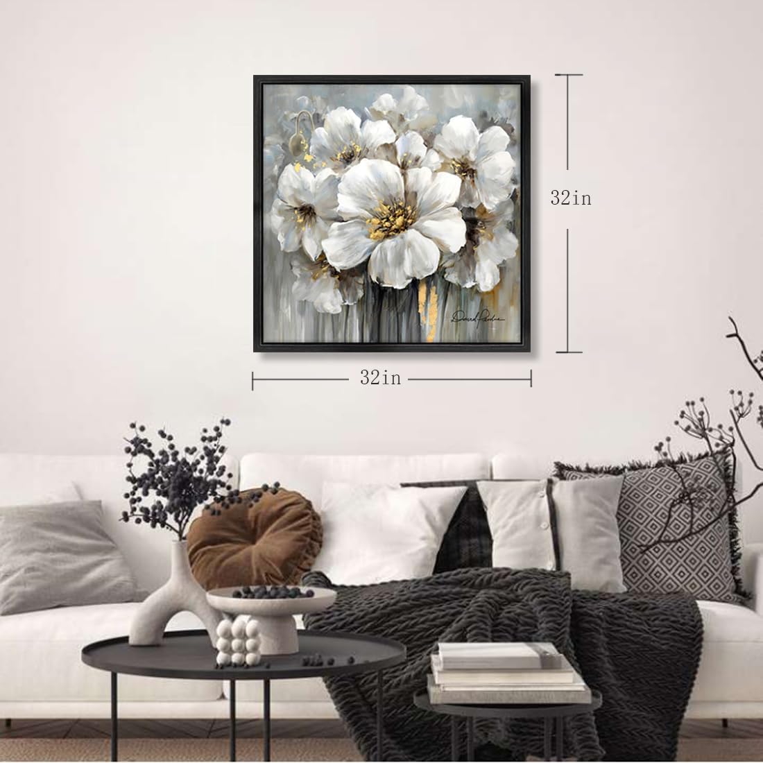 Framed Flowers Canvas Wall Art, 32W x 32H inch, White Floral and Black Frame