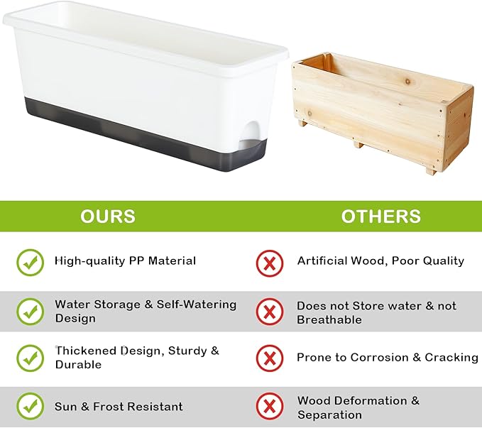 Window Box Planter 4 Packs, 17 Inches Rectangle Flower Pots with Drainage Holes & Trays, Pots for Vegetables, Herbs, Flowers, Garden Windowsill Balcony (White, 17 * 5.1 * 6 inch)