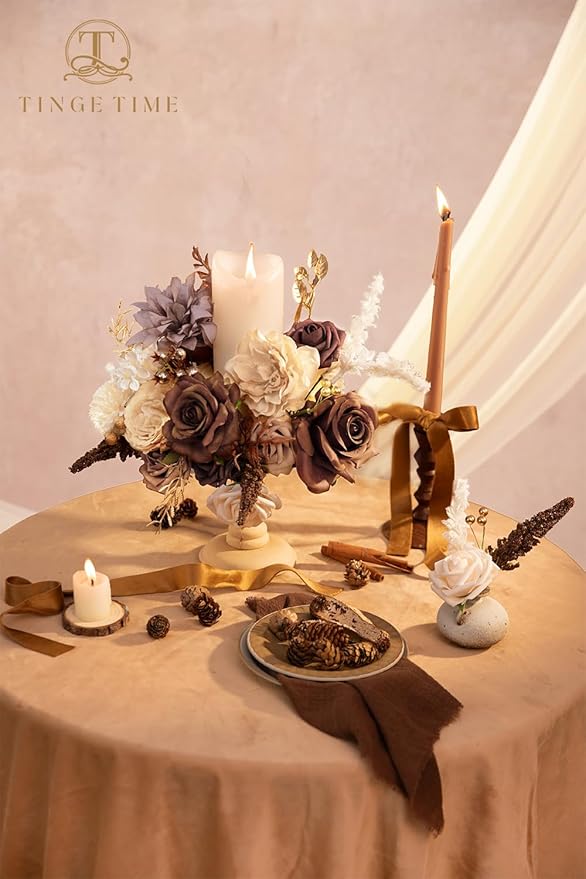 TINGE TIME Silk Fake Flowers Combo, Fake Foam Roses with Stems for DIY Wedding Bouquets Centerpieces Baby Shower Party Home Decorations(Brown & Nude Color)