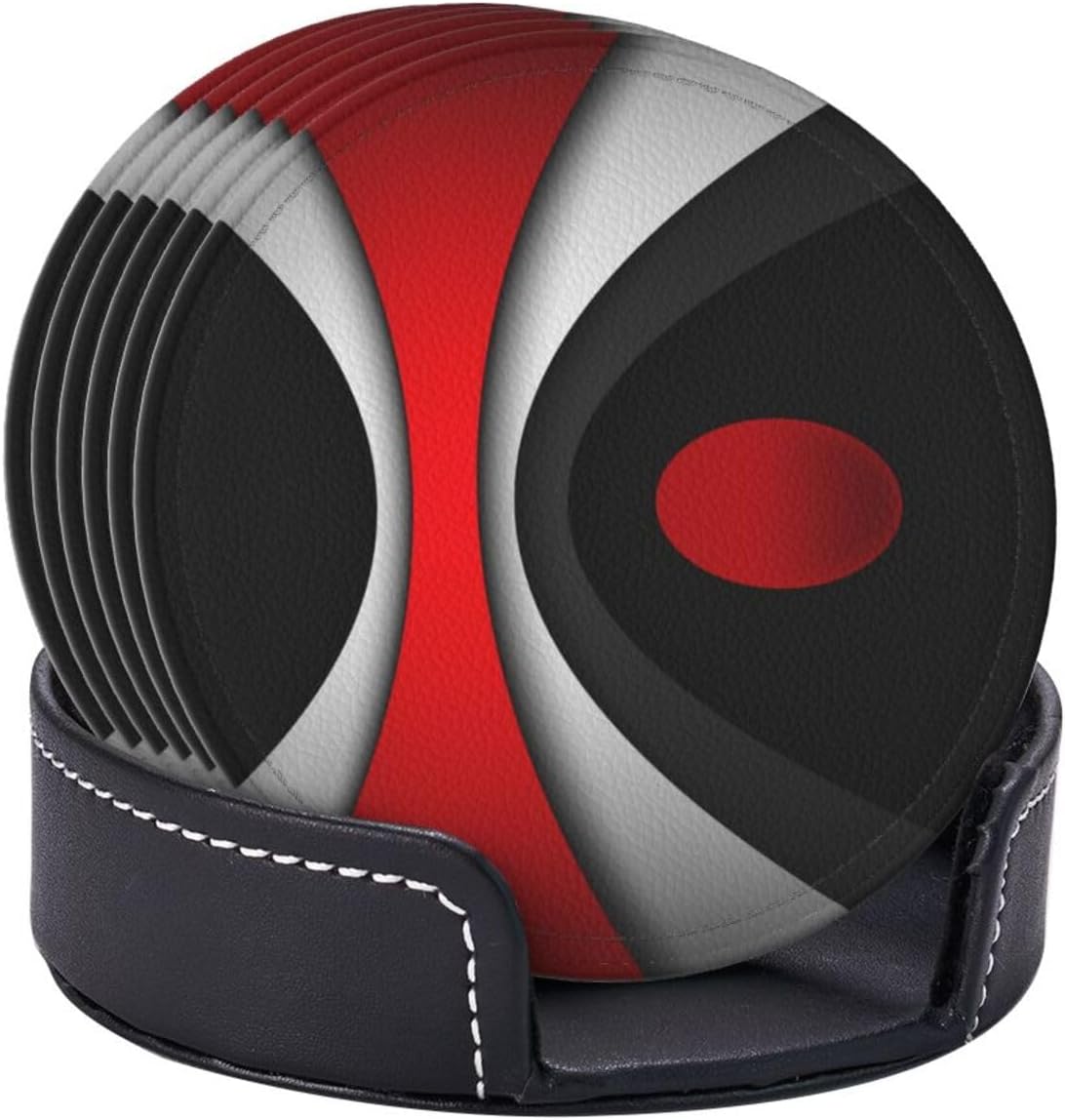 Black in Modern Abstract Red Leather Drinks Coasters with Holder, Set of 6, Suitable for Various Cups