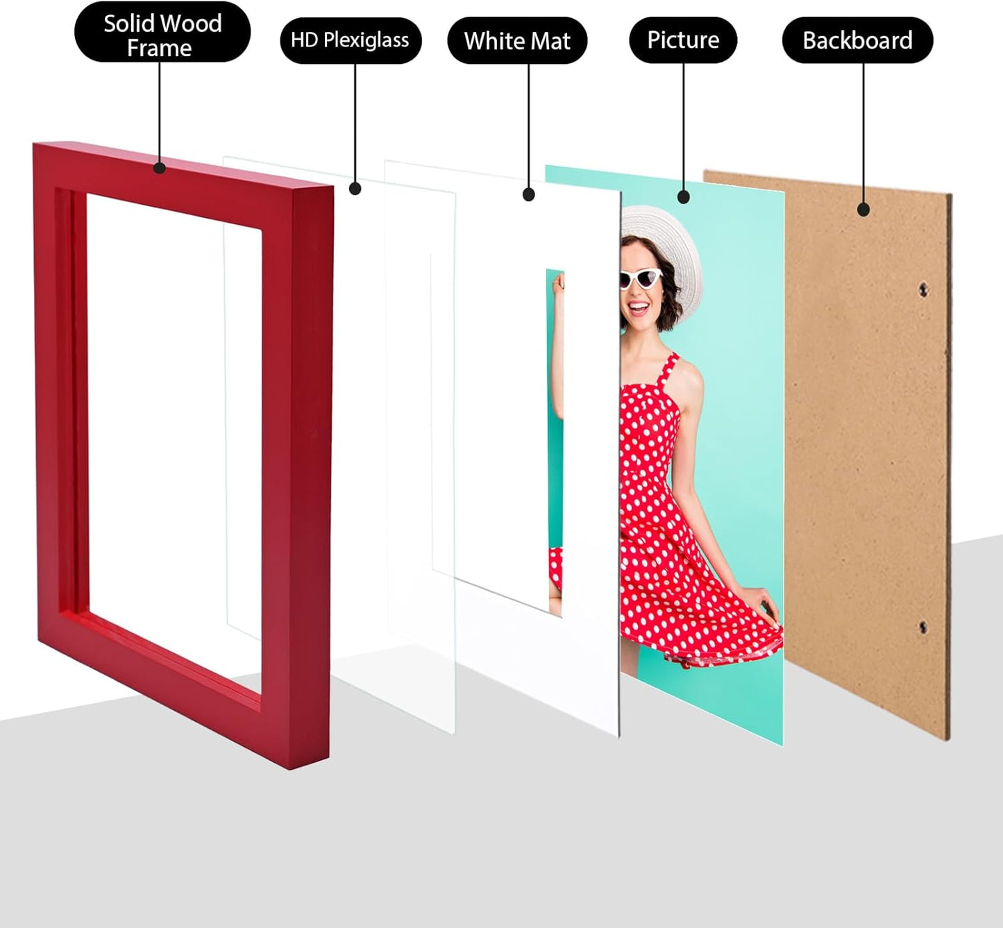 KINLINK 6x8 Picture Frame Red, Solid Wood Frames with Acrylic Plexiglass for Pictures 4x6 with Mat or 6x8 without Mat, Tabletop and Wall Display Photo Frame, Set of 4