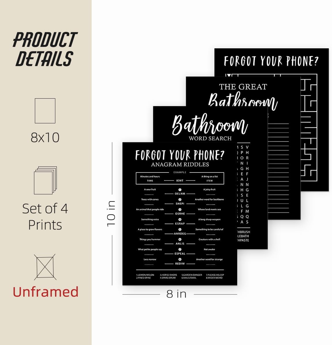 ETVISO Funny Bathroom Black Decor Wall Art Set of 4, Funny Crossword Puzzle Wall Art, Funny Forget Your Phone, Bathroom Word Search Wall Decor, 8x10 (Unframed)
