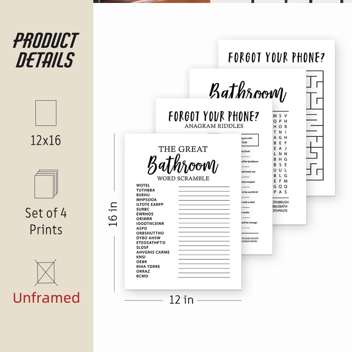 ETVISO Funny Bathroom Decor Wall Art Set of 4, Funny Crossword Puzzle Wall Art, Funny Forget Your Phone, Bathroom Word Search Wall Decor, 12x16 (Unframed)