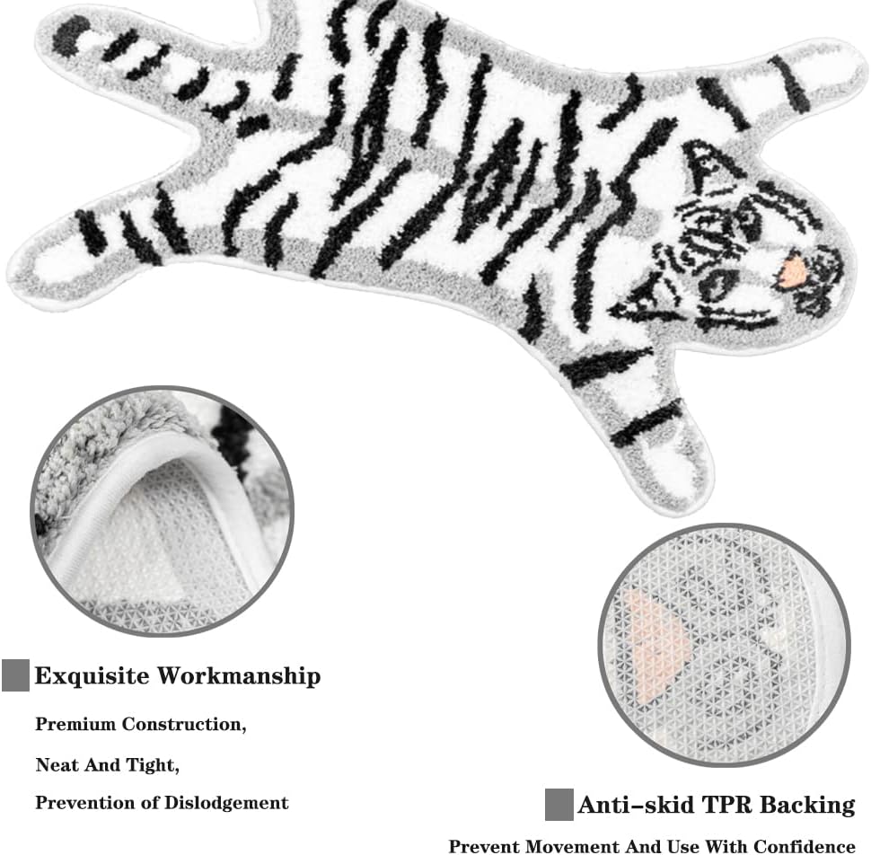 Funny Tiger Bath Mat for Bathroom, Cute White Tiger Cartoon Bath Rugs Non Slip Animal Shaped Absorbent Preppy Small Bathtub Rug Bathroom Decor Aesthetic Plush Shower Rugs Machine Washable