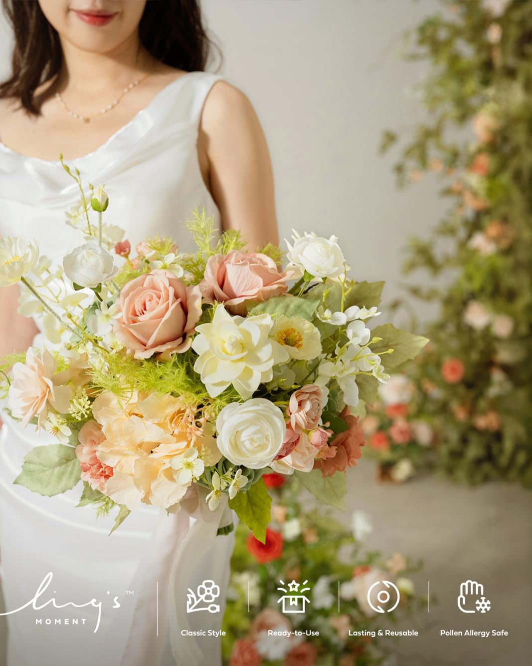 Ling's moment Coral Pink Wedding Bouquets for Bride, Blush Garden Bridal Bouquets for Bride, 13 Inch Free Form Artificial Wedding Flower Bouquet