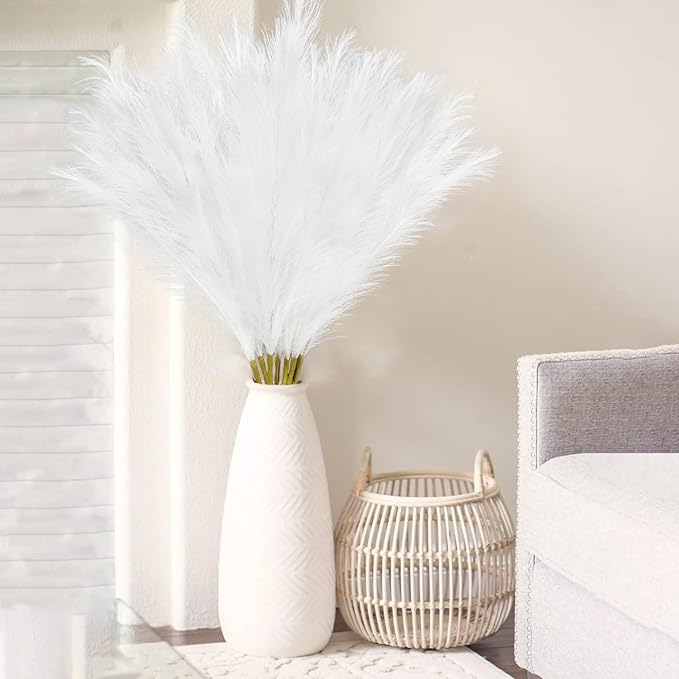 35" Faux Pampas Grass Decor, 8pcs Large Tall Fluffy Artificial Pompous Grass Branches Floral Fake Pompas Grass Bulrush Floor Vase Filler Flower Arrangement for Home Wedding Boho Decor-White