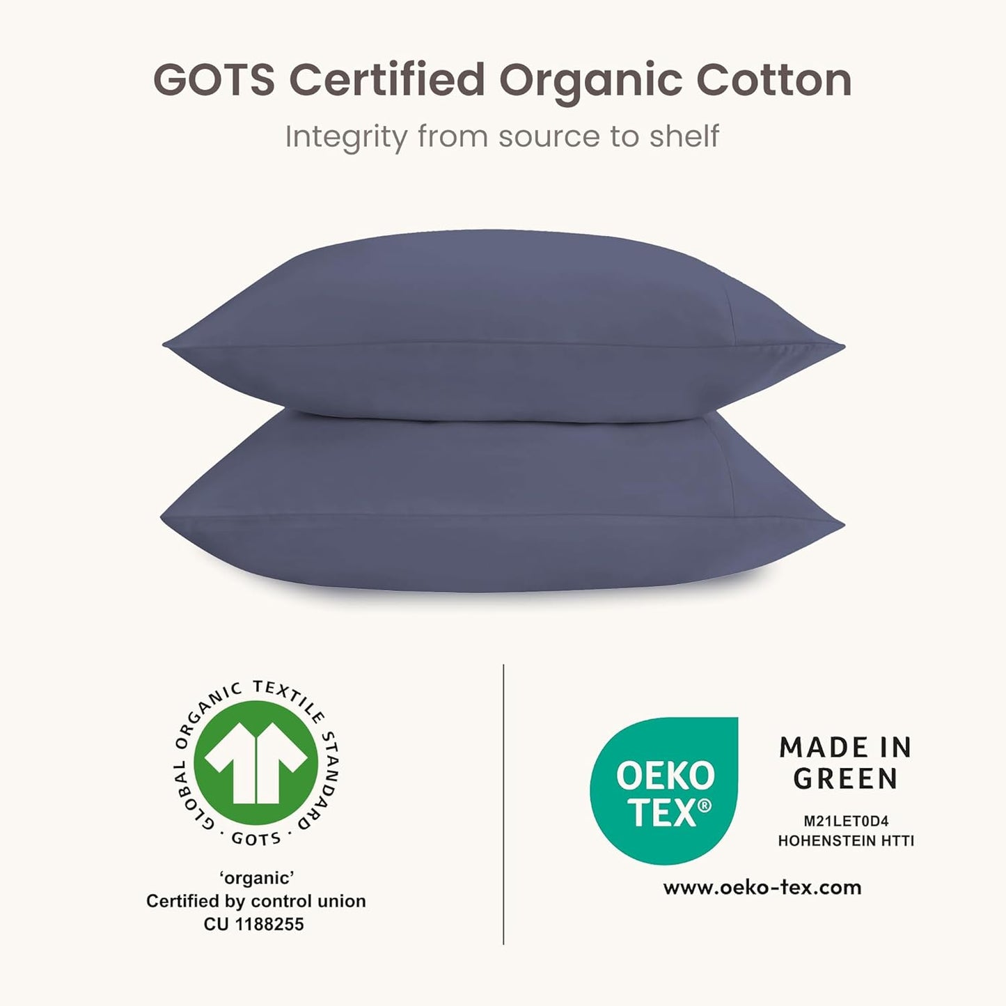 Bioweaves 100% Organic Cotton Pillow Cases 300 Thread Count Soft Sateen Weave GOTS Certified – 20 X 27, Set of 2, Mineral