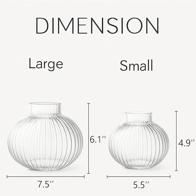 Round Glass Vases Set of 2, Flower Vases for Bouquet, Ribbed Glass Vase for Flowers, Small Clear Vase for Living Room, Office, Coffee Table, Shelf, Wedding