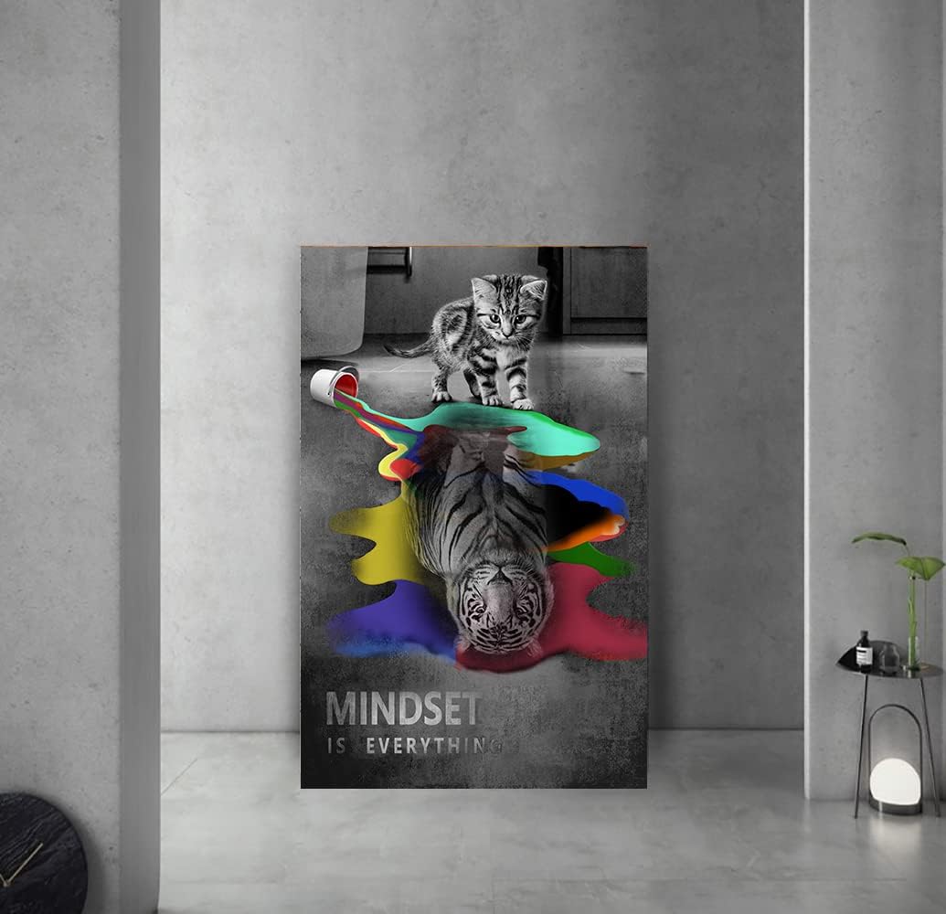 Framed Wall Decor Cute Animals Cat and Tiger Pictures with Inspirational Quotes Mindset Is Everything Motivational Posters Artwork Contemporary Home Decor Large Panel Ready to Hang-28 Wx44 H