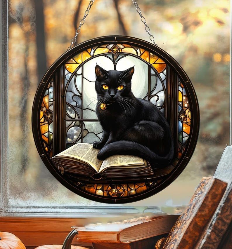 Gothic Suncatcher Black Cat Stained Window Hanging Decoration Mom Gift Fall Witchy Spooky Decor Suncatchers for Windows Indoor Decorations Outdoor