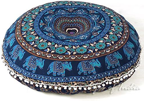 Eyes of India - Mandala Floor Pillow Cover Meditation Cushion Seating Throw Hippie Round Colorful Decorative Bohemian Indian Pouf Ottoman Handmade Cover ONLY (M1 Dark Blue, 32" x 32")