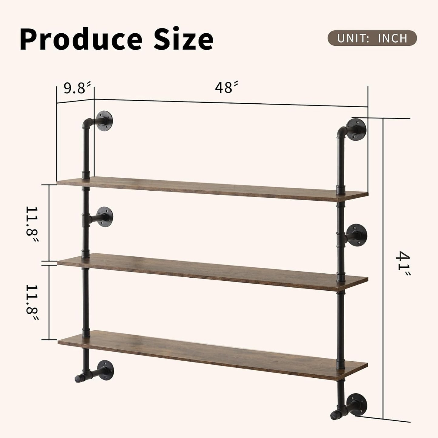 Industrial Pipe Shelving 48inch Wall Mounted, Rustic Floating Shelves with Wood Shelf, 3 Tier Farmhouse Bathroom Shelves Over Toilet, Industrial Pipe Shelf for Kitchen, Living Room Decor