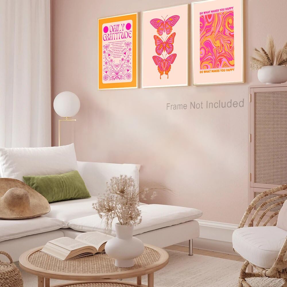 Hwetui Butterfly Wall Art Poster Set of 3 - Pink Orange Preppy Wall Decor Pictures, Daily Gratitude Paintings Prints Aesthetic Home Decor for Girls Bedroom Dorm Apartment 12x16 inch Unframed