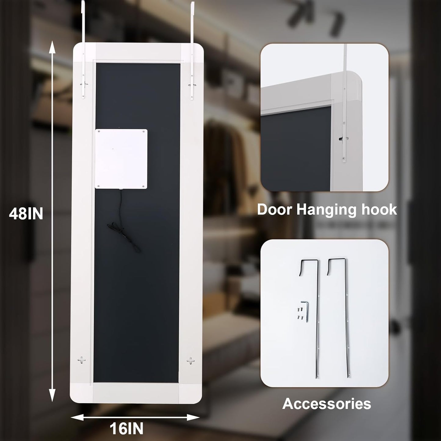 LED White Round Corner Door Hanging Full Length Mirror - 16“ x 48” Adjustable Brightness, Touch Screen Controls, Wall Mounted for Bedroom, Living Room, Cloakroom Dressing Mirror