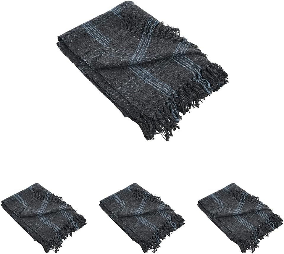 Creative Co-Op Recycled Cotton Blend Throw Blanket with Fringe, Grey Plaid (Pack of 4)
