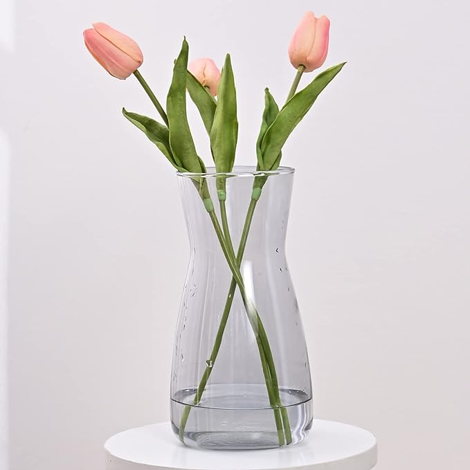 Glass Vases for Flowers, 8 Inch Tall Ins Modern Gray Crystal Clear Glass Vases for Centerpieces Home Desk Decoration, Decorative Glass Table Vase for Birthday Wedding Housewarming Gift