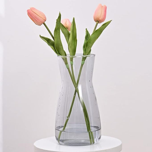 Glass Vases for Flowers, 8 Inch Tall Ins Modern Gray Crystal Clear Glass Vases for Centerpieces Home Desk Decoration, Decorative Glass Table Vase for Birthday Wedding Housewarming Gift