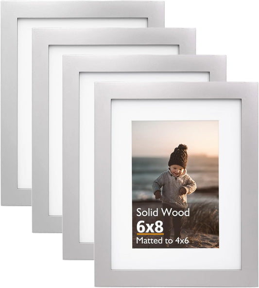 KINLINK 6x8 Picture Frame Light Grey, Solid Wood Frames with Acrylic Plexiglass for Pictures 4x6 with Mat or 6x8 without Mat,Tabletop and Wall Display Photo Frame, Set of 4