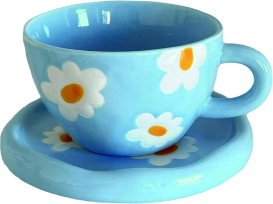 Coffee Mugs Set with Saucer Blue Flowers Cup Gifts for Women Birthday Tea Coffee Mug with Coaster 250 ML Ceramic Cup Birthday Gift for Women Girls Mom Friend Coffee Mug Tea Cup Saucer Set