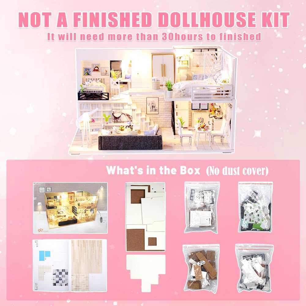 GuDoQi DIY Miniature Dollhouse Kit with Furniture, Tiny House kit 1:24 Scale, Need to Assemble Around 30 Hours, Great Handmade Crafts Gift for Birthday, Christmas, Life House(No Dust Cover)