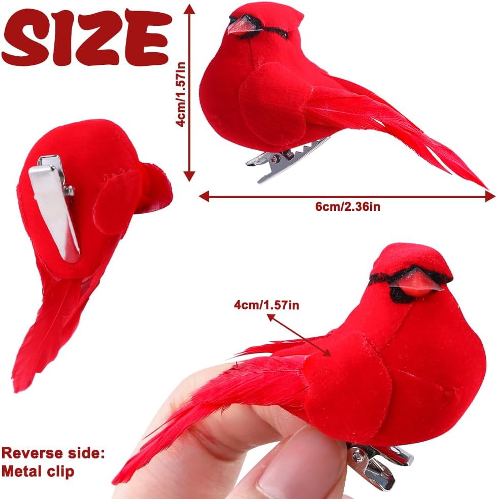 JOICEE 12 Pcs Cardinal Red Birds for Crafts, Mini Cardinal Artificial Tiny Red Birds Ornaments with Clip on Christmas Tree Decorations for Xmas Tree Wreath Yard Patio Home Decor