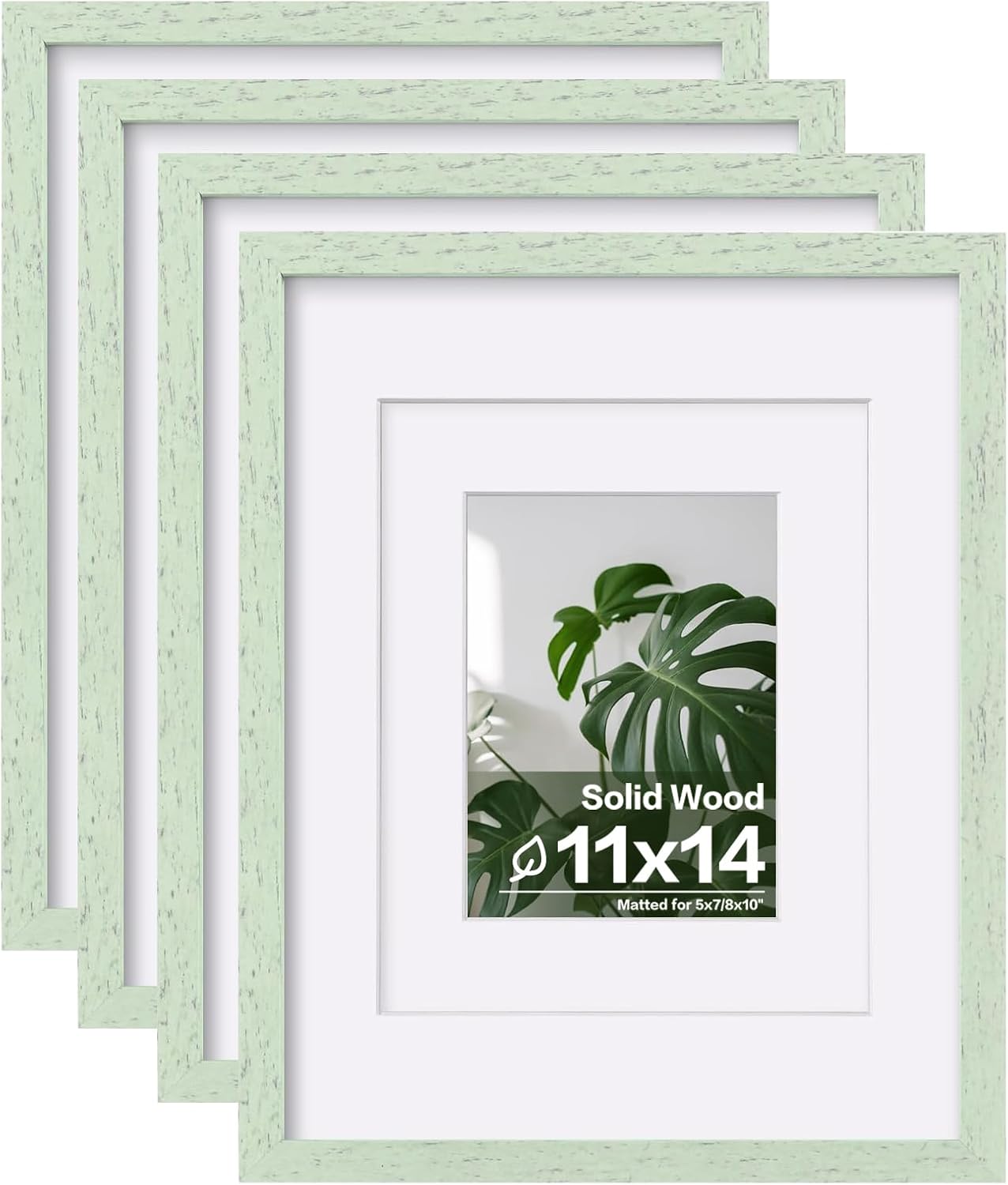 Egofine 11x14 Picture Frames Set of 4, Made of Solid Wood Covered by Plexiglass 5x7 and 8x10 with Mat or 11x14 without Mat, for Table Top Display and Wall Mounting Photo Frame Rustic Green