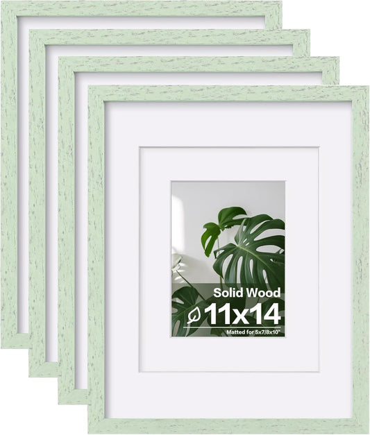 Egofine 11x14 Picture Frames Set of 4, Made of Solid Wood Covered by Plexiglass 5x7 and 8x10 with Mat or 11x14 without Mat, for Table Top Display and Wall Mounting Photo Frame Rustic Green
