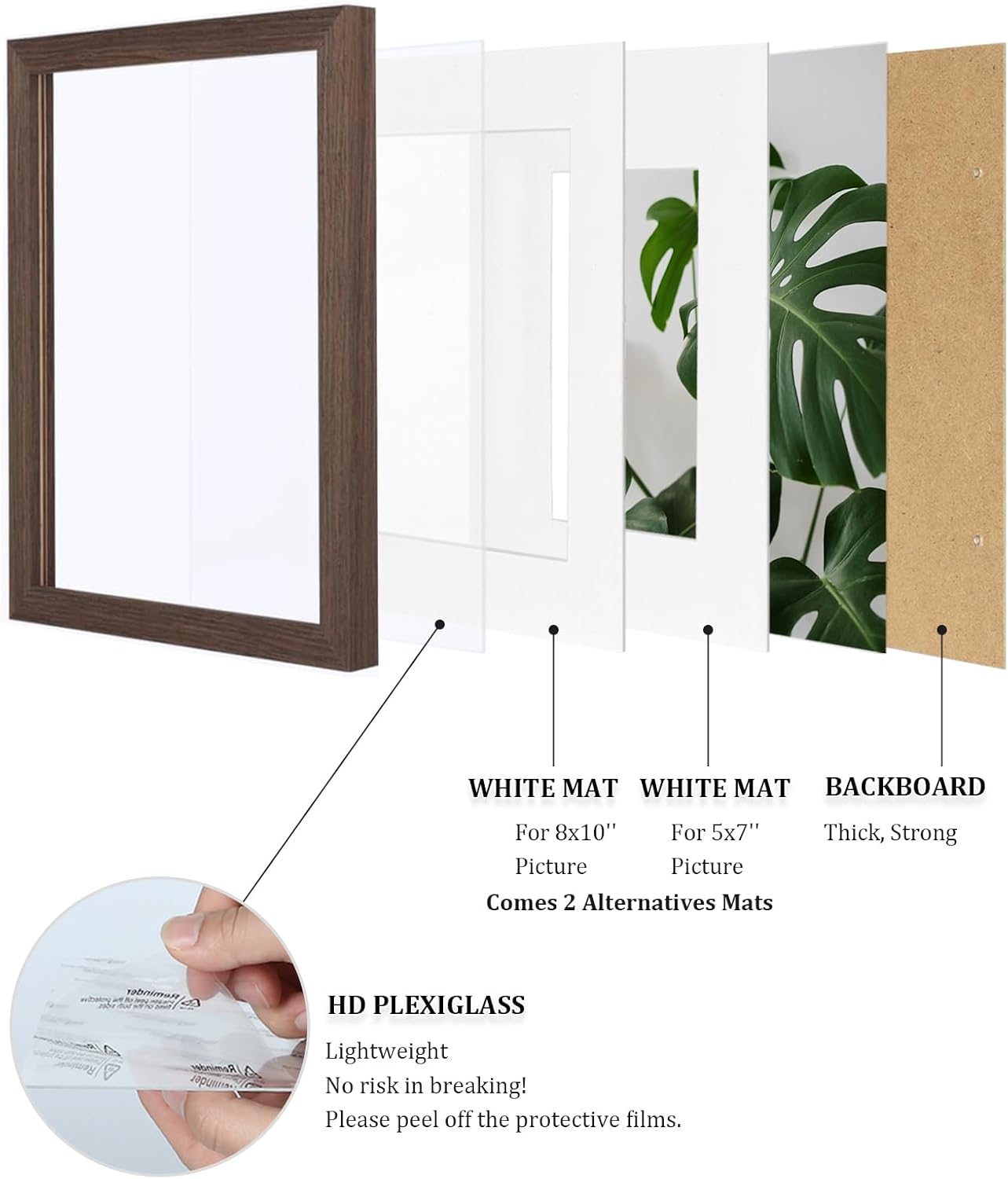 Egofine 11x14 Picture Frames Set of 4, Made of Solid Wood Covered by Plexiglass 5x7 and 8x10 with Mat or 11x14 without Mat, for Table Top Display and Wall Mounting Photo Frame Brown