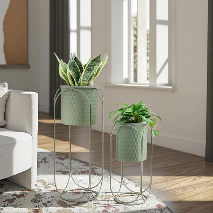 TRIROCKS Set of 2 Planters with Stand Indoor Otdoor Planters for Indoor Plants 26 &18" H Large Plant Pots for Living Room Corner Kitchen Office Garden Balcony Patio Decor(Green)