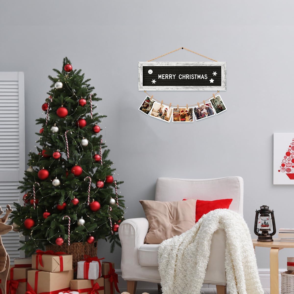 Hanging Photo Display Multiple Polaroid Picture Frames Collage Wall Decor, Felt Letter Board with 340 Letters and 15 Clips, DIY Cards Holder Frame Collage Set for Christmas Holiday Birthday