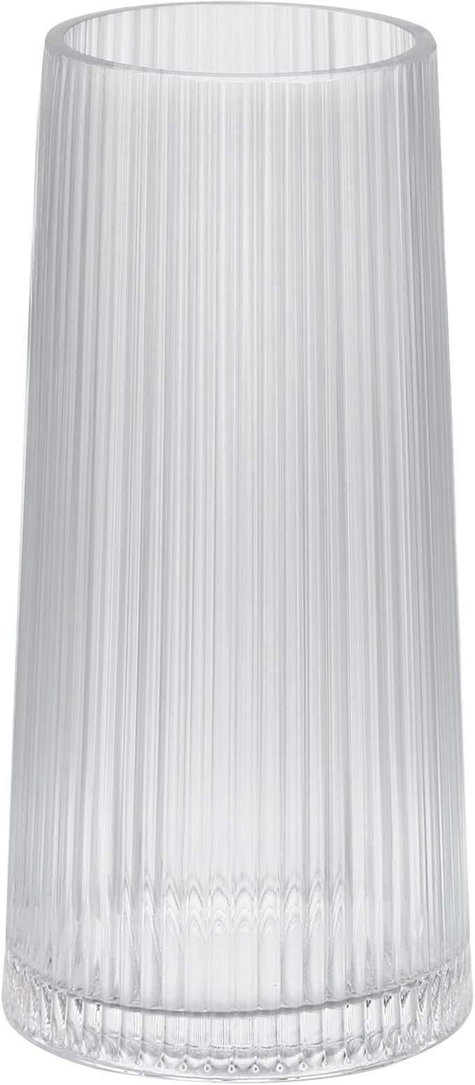 10" High Clear Glass Vase for Flower, Flower Vase for Bouquet, Ribbed Vases, Modern Glass Vase for Living Room, Bedroom, Dinning Table, Wedding, Centerpiece (Clear, 4.8"x10")