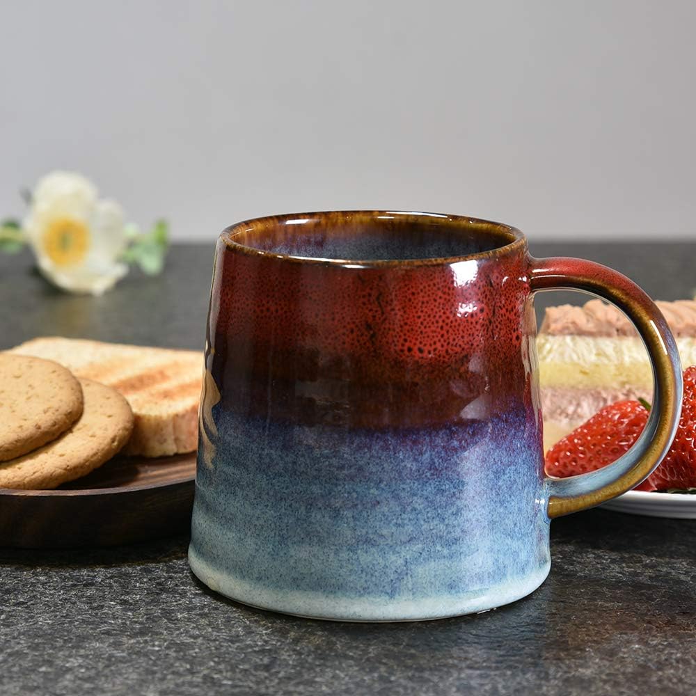 Large Ceramic Coffee Mug, Pottery Mug,Tea Cup for Office and Home,Handmade Pottery Coffee Mugs,16.5 Oz,Dishwasher and Microwave Safe,kiln altered glaze craft (Red)