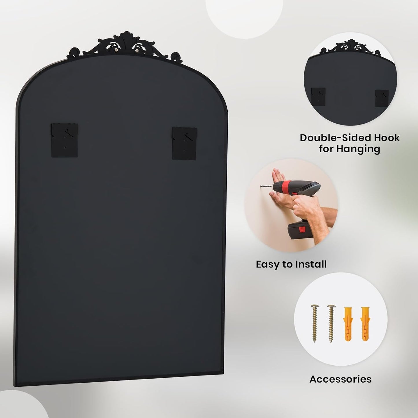 Filigree Arched Wall Mirror 26"x38" Retro Wall-Mounted Mirror with Vintage Ornate Carved Applique Hanging Leaning Antique Home Decor Mirror for Fireplace Living Room Entryway Hallway Bathroom, Black