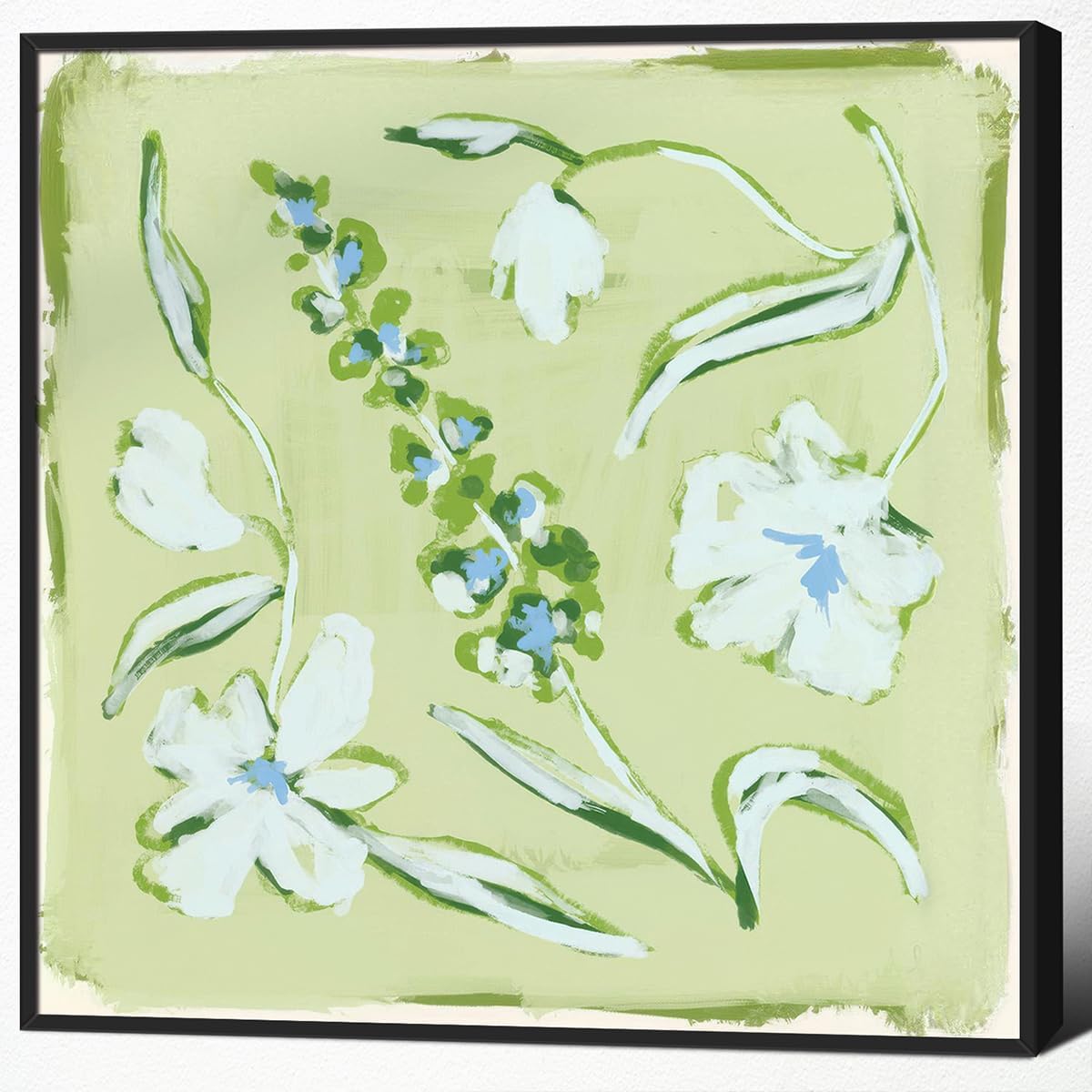 Flower Canvas Wall Art, Blue and Green Floral Aesthetic Poster, Chinoiserie Watercolor Botanical Print, Coastal Grandma Modern Southern Grandmillennial Plant Painting for Wall 16x16in Wrapped Canvas